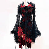 Long flared sleeve lace flower applique irregular mini dress