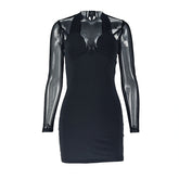 Long sleeve mesh patchwork padded mini dress