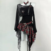 Long sleeve irregular plaid ruffle 2 piece mini dress