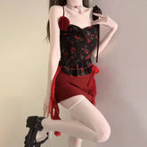 Cowl neck flower applique print ruched cami mini skirt set