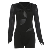 Hollow out long sleeve mesh gloves romper