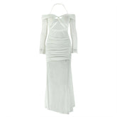 Long sleeve off shoulder halter hollow out mesh cut out maxi dress