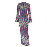 Long sleeve mesh contrast print maxi dress