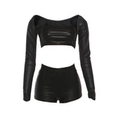 Long sleeve PU leather medium rise pant set