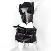 Crewneck hollow out corset PU leather cut out top