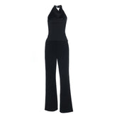 Halter backless solid button pant set