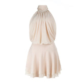 Ruched self tie halter chiffon zip-up mini dress