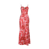 Hollow out flower applique print cami cut out maxi dress