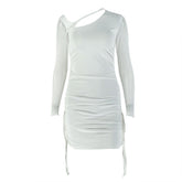 Long sleeve mesh hollow out ruched cut out mini dress