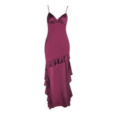 Irregular ruffle v neck satin cami midi dress