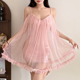 Glitter mesh v neck ruffle cami mini dress