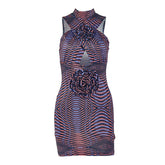 Hollow out flower applique print crewneck cut out mini dress