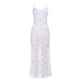 Lace ruched button v neck cami maxi skirt set