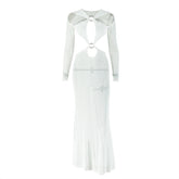 Hollow out o ring long sleeve mesh cut out maxi dress
