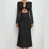 Polka dot contrast hollow out long sleeve mesh cut out midi dress