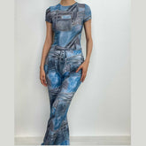 Denim print contrast short sleeve crewneck pant set-final-sale