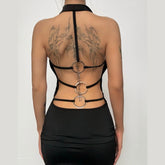 Cowl neck o ring backless mini dress