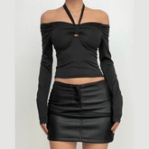 Long sleeve off shoulder halter ruched backless solid hollow out cut out top