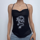 Cross back cowl neck print sheer mesh top