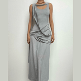 Ruched solid sleeveless u neck irregular midi dress-final-sale