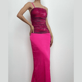 Ruched flower print zip-up square neck contrast slit maxi dress-final-sale