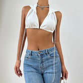 Hoodie metal chain v neck backless crop top