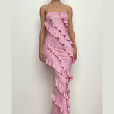 Ruffle textured ruched backless tube midi dress