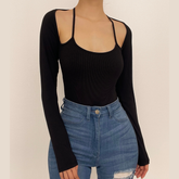 Halter solid ribbed long sleeve low cut bodysuit-final-sale