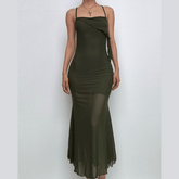 Ruffle irregular mesh cross back cami midi dress