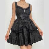 Backless lace up zip-up textured solid lace hem mini dress | victorian gothic dresses-final-sale