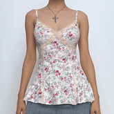 Print v neck lace hem ruffle knotted cami top