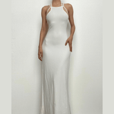 Halter solid sleeveless backless self tie maxi dress-final-sale