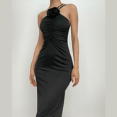 Flower applique one shoulder solid ruched maxi dress-final-sale