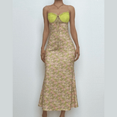 Sweetheart neck lace flower print knotted cami maxi dress