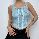 Lace up square neck lace mesh butterfly print top