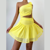 One shoulder chiffon self tie irregular mini dress