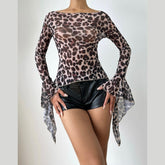 Leopard print v neck self tie long flared sleeve top