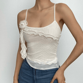 Sheer mesh flower applique ruffle u neck irregular crop top