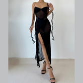 Sweetheart neck ruffle high slit sheer mesh cami midi dress