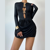 Long sleeve ruched hollow out cut out mini dress