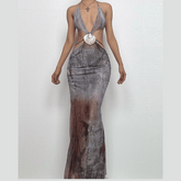 Halter self tie deep V neck sheer mesh shell applique maxi dress