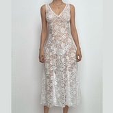 Sleeveless V neck rose pattern lace see through midi dress-final-sale