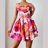 Pleated v neck self tie print cami mini dress