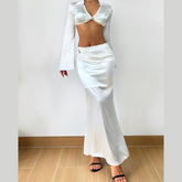Satin long sleeve v neck maxi skirt set