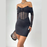 Off shoulder long sleeve mesh bowknot mini dress
