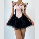 Bowknot lace hem ruffle mini dress