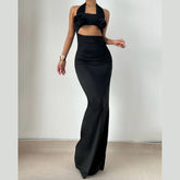Halter flower applique hollow out cut out maxi dress