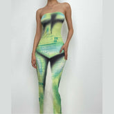 Letter print contrast slit backless sleeveless tube maxi dress-final-sale