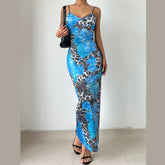 V neck flower print backless cami maxi dress