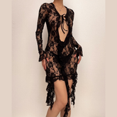 Long flared sleeve lace see through ruffle self tie mini dress-final-sale